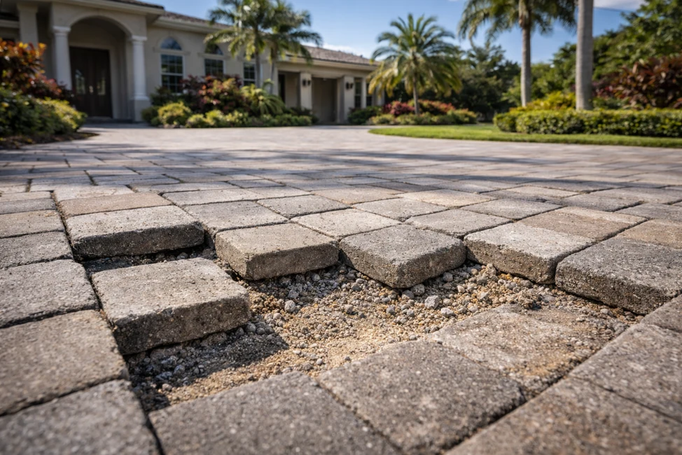 Damaged paver driveway needing paver installation in Delray Beach, FL.