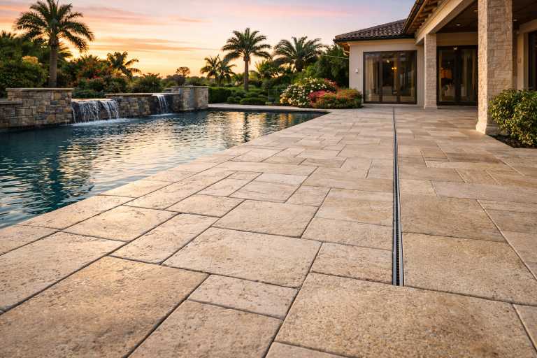 Beautiful pool deck with pavers and drainage system for water management.