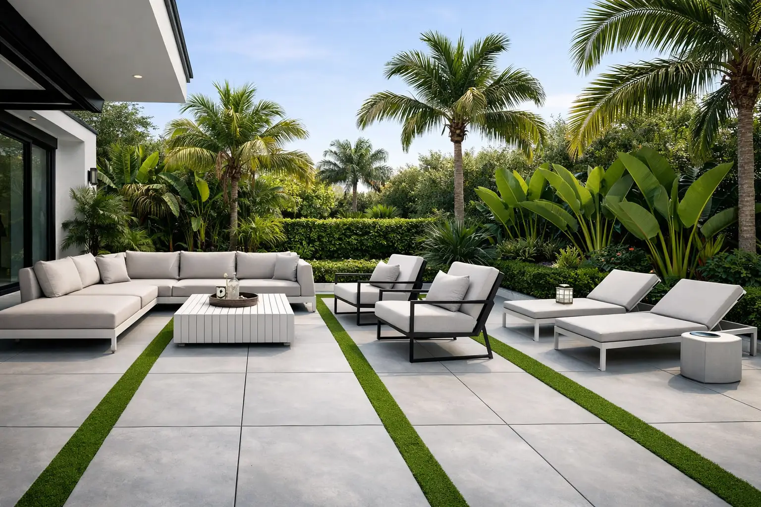 Modern patio with paver installation in Boca Raton, FL, featuring outdoor furniture.