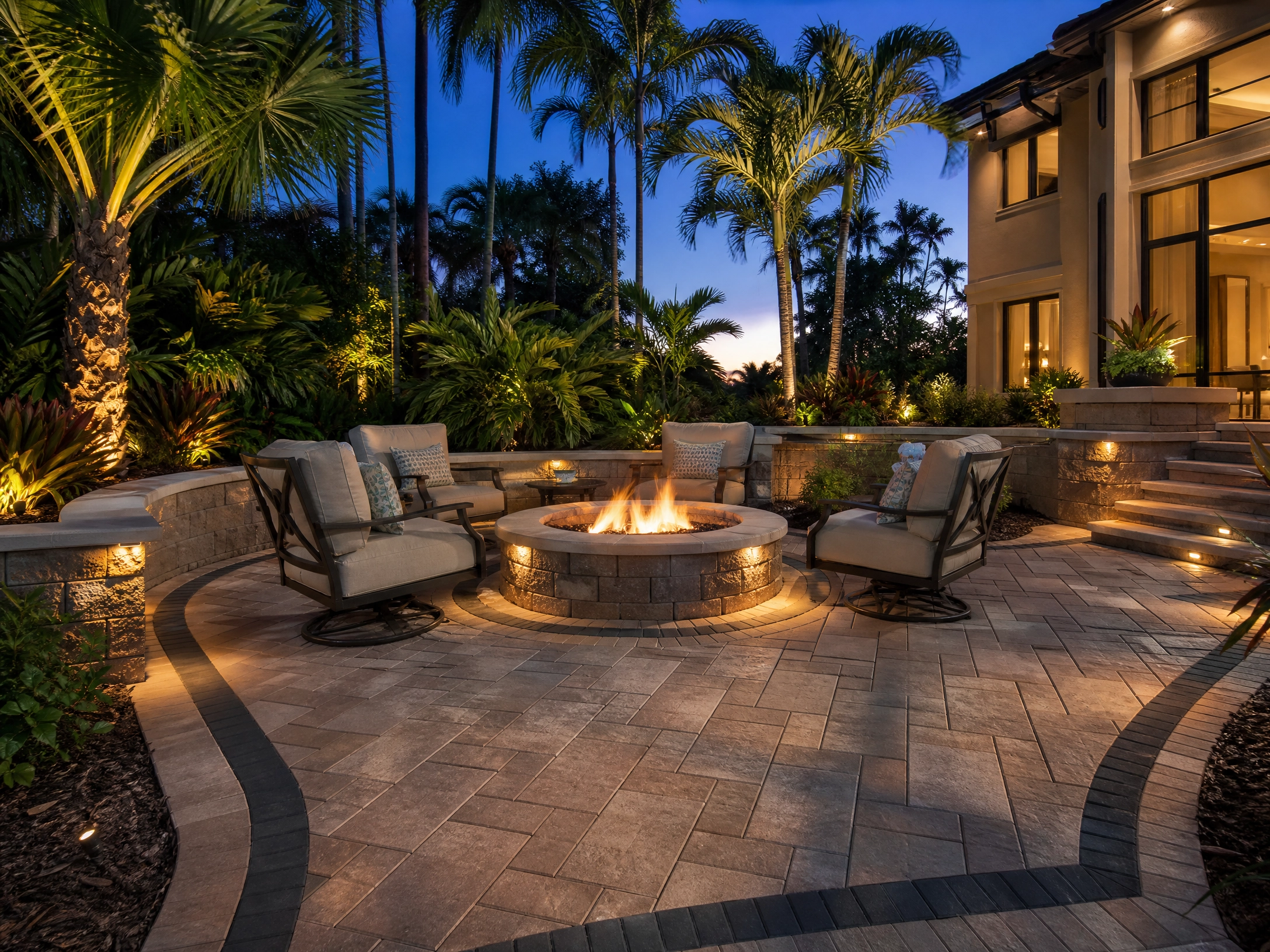 Beautiful outdoor paver patio with fire pit and lush landscaping at dusk.