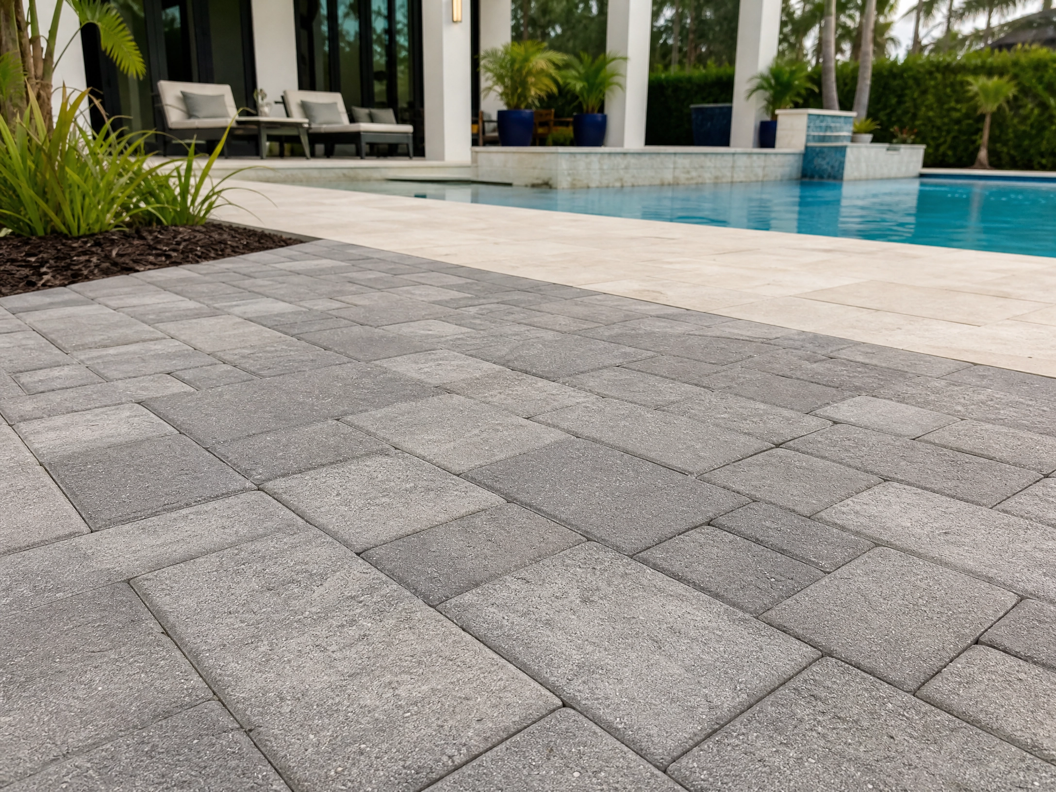 Poolside travertine and marble pavers for outdoor living space.