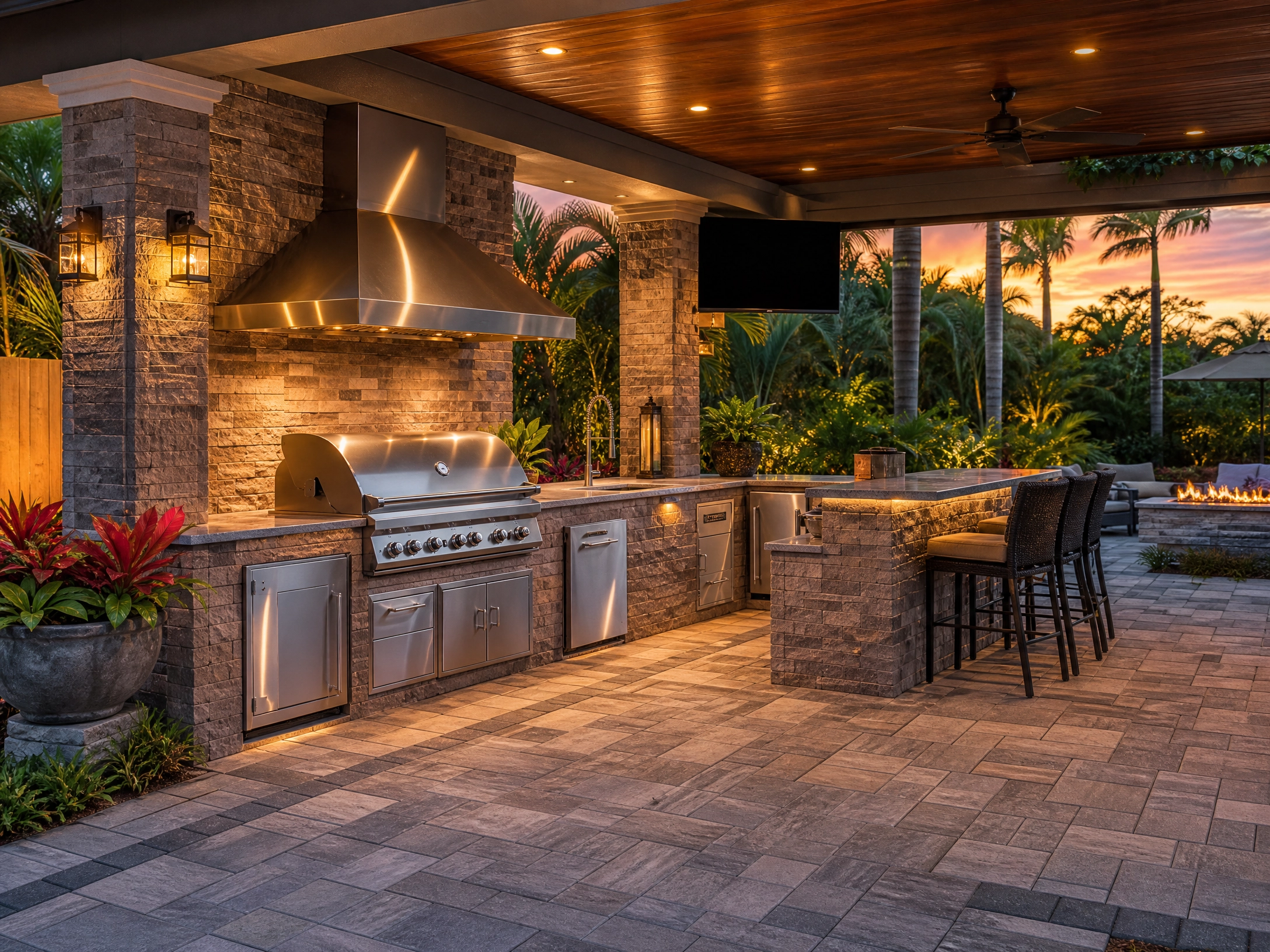 Outdoor kitchen with stone pavers, grill, and bar area at sunset.