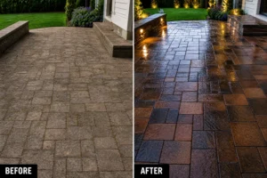 Before and after travertine and marble paver installation for patios.