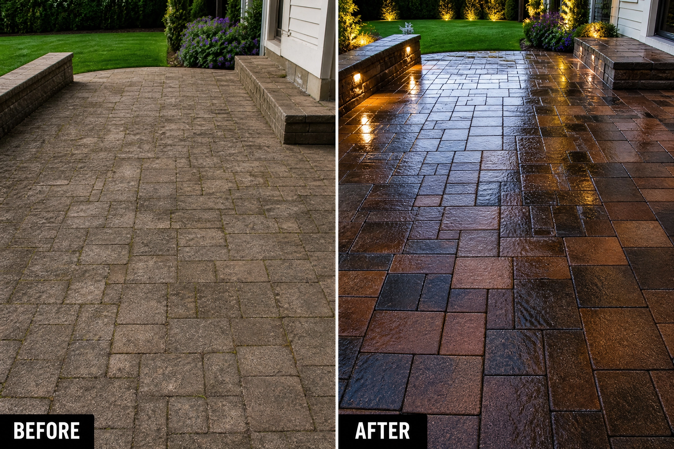 Before and after travertine and marble paver installation for patios.