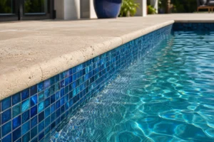 Close-up of travertine and marble pavers around a swimming pool.