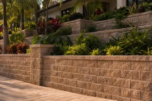 Stone paver wall with lush greenery and tropical plants.