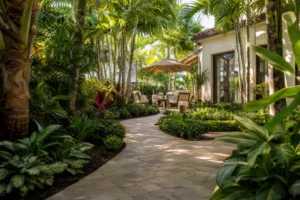 Beautiful travertine paver walkway in lush garden setting.